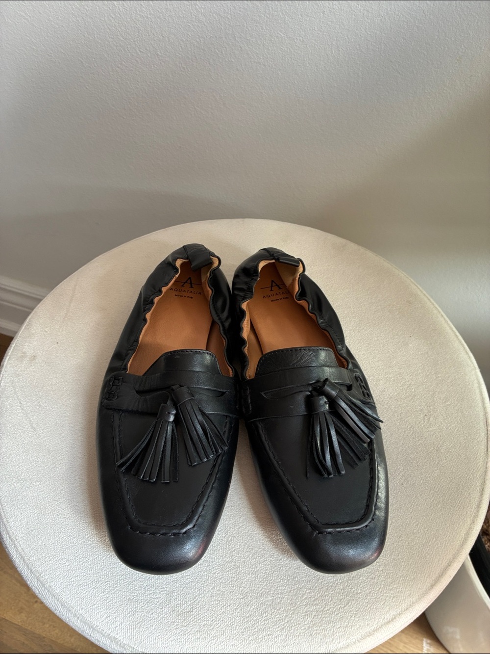 Aquatalia Black Leather Tassel Slip-On Loafers